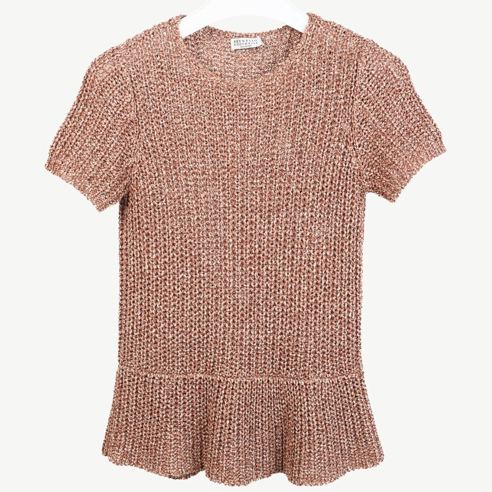 Brunello Cucinelli Salmon Chunky Cotton-Knit Short-Sleeve Sweater